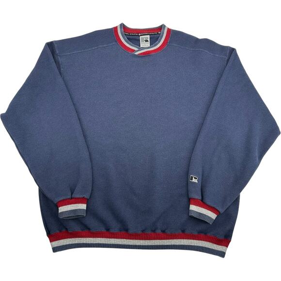 Vintage 90s Men's Navy Blue Red Russell Athletic Textured Crewneck Sweatshirt XL - Picture 1 of 5